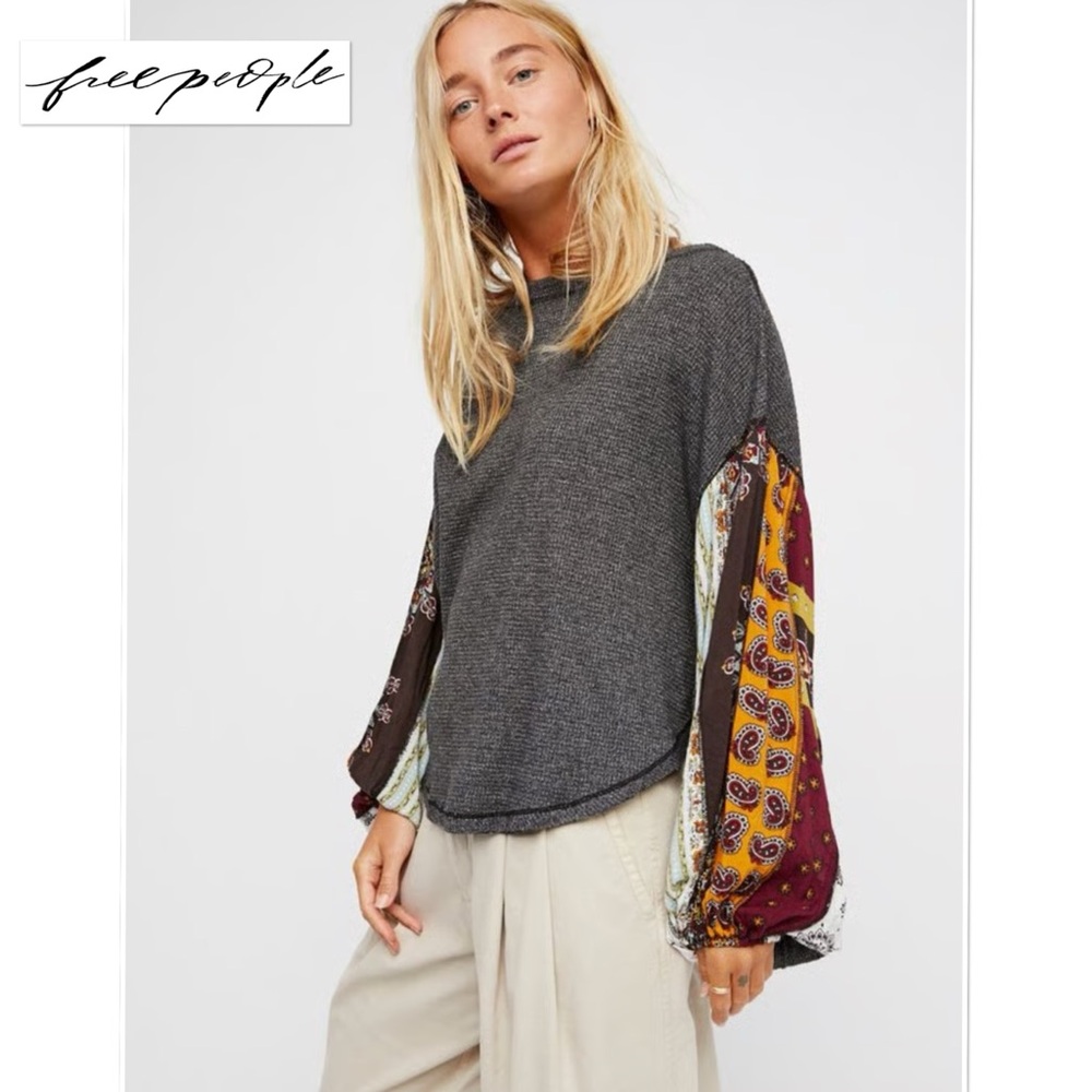 We The Free People Blossom Thermal Boho Patchwork Balloon Sleeves Top M Boho